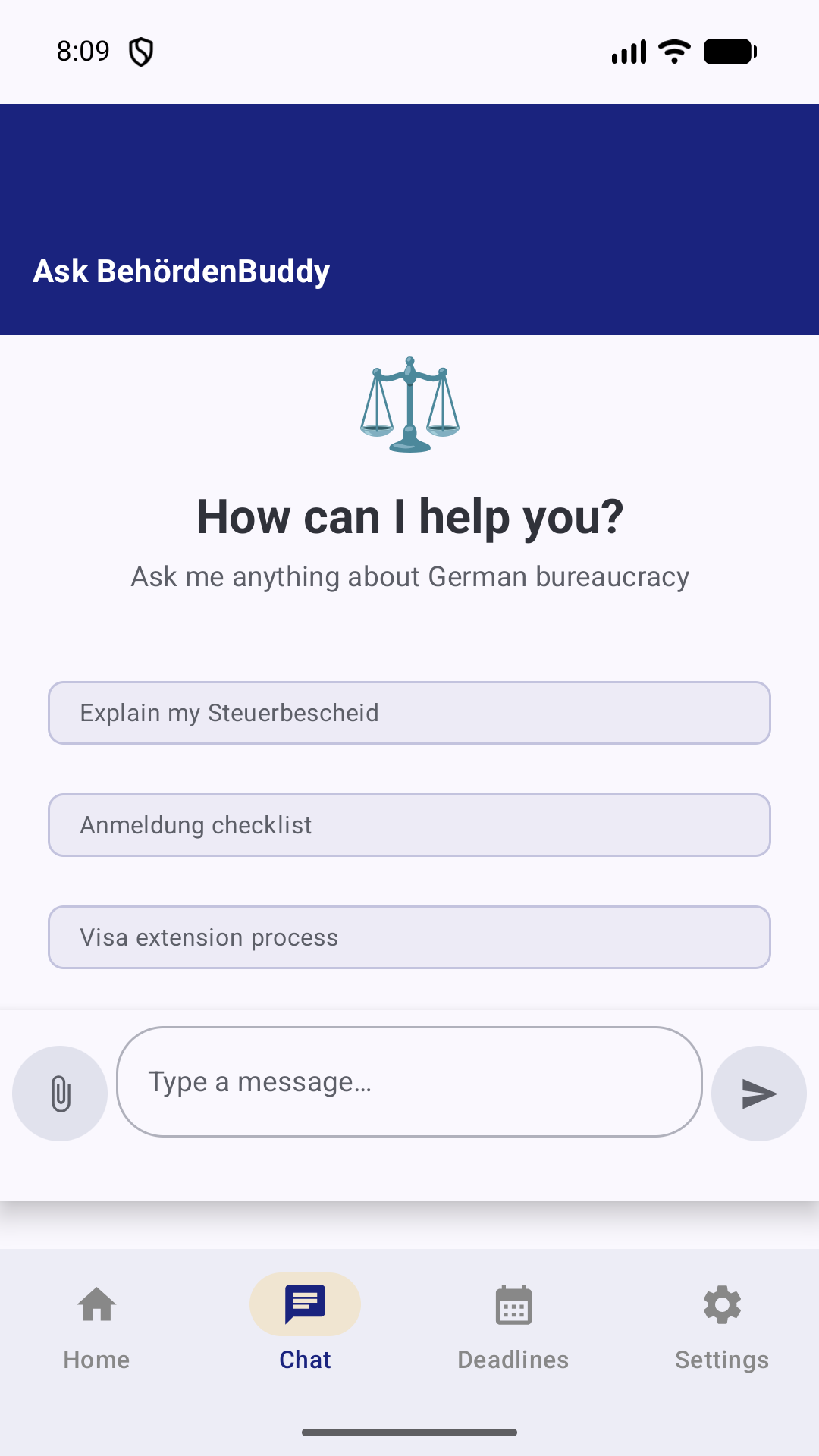 BehördenBuddy AI assistant screen